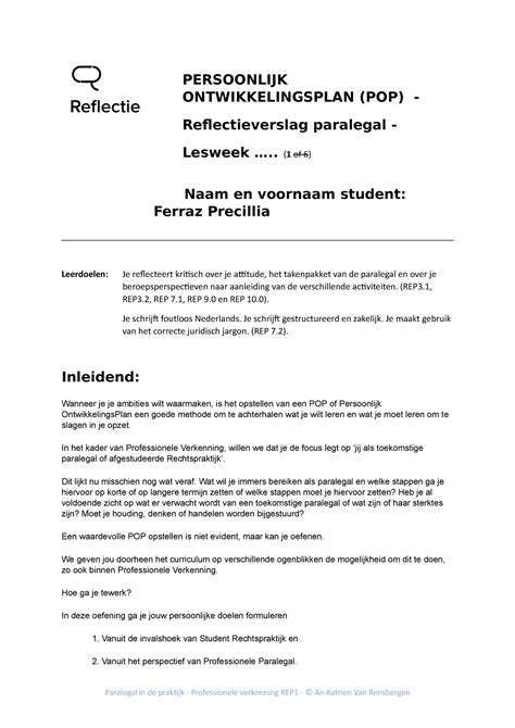 Pop Reflectieverslag Paralegal Lw Student Persoonlijk