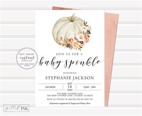 Fall Baby Sprinkle Invitation With Pumpkin And Flowers Autumn Etsy In