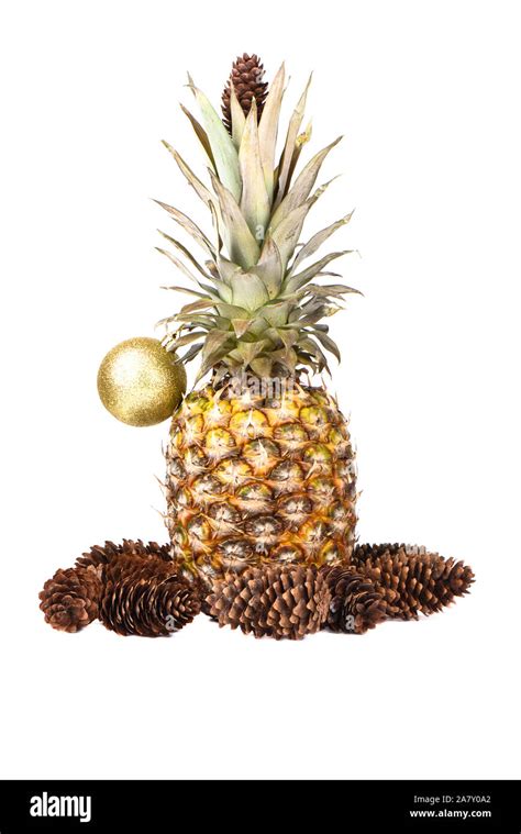 Christmas Pineapple Over White Background Pineapple Is Decorated With