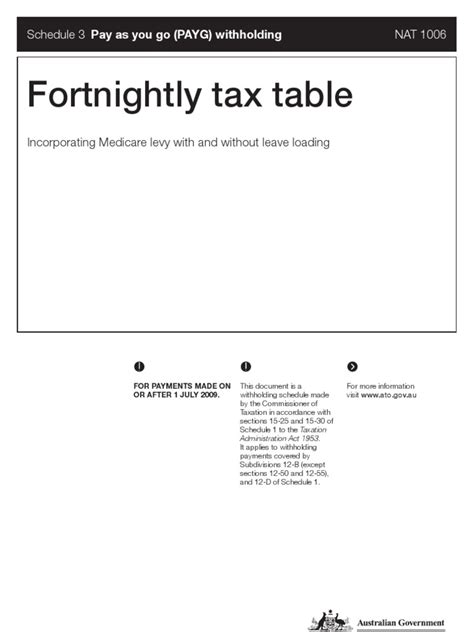 Fortnightly Tax Table Au Pdf Withholding Tax Taxation