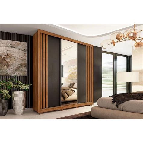 Guarda Roupa Casal Portas de Correr C Espelho e Gavetas C Pés Moema Flex Amêndola nude