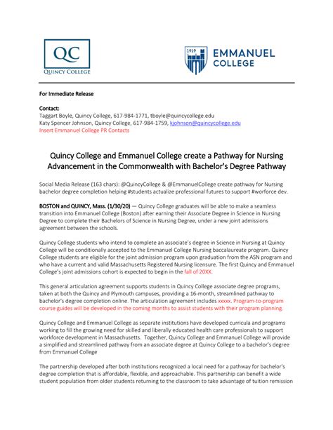 Quincy College And Emmanuel College Create A Pathway For Nursing Advancement In The Commonwealth