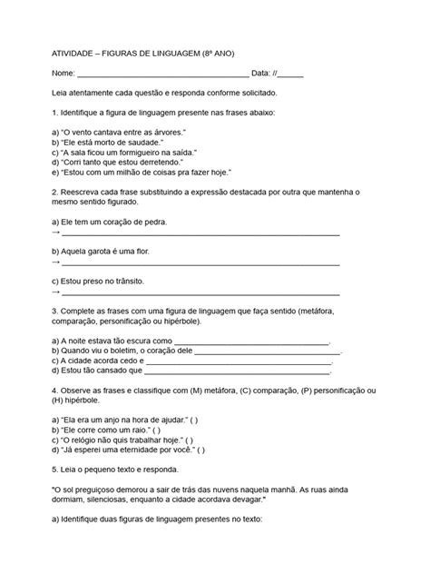 Atividade Sobre Figuras De Linguagem - Atividade de Figuras de Linguagem 8º Ano | PDF | Metáfora