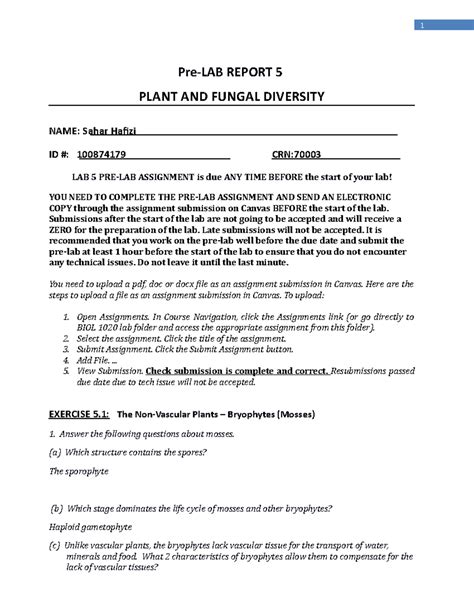 Lab 5 Pre Lab Assignment 2023 Pre Lab Report 5 Plant And Fungal Diversity Name Sahar Hafizi