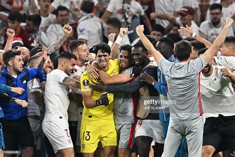 Sevilla's players including Moroccan goalkeeper Yassine Bounou and ...