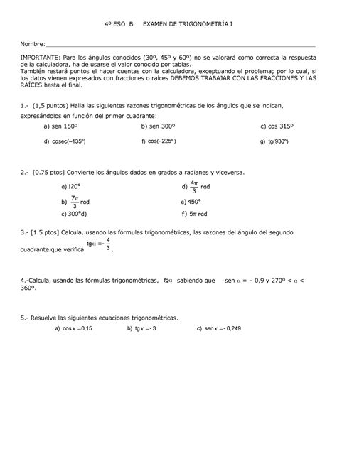 Examen Trigonometr A Eso Eso B Examen De Trigonometr A I Studocu