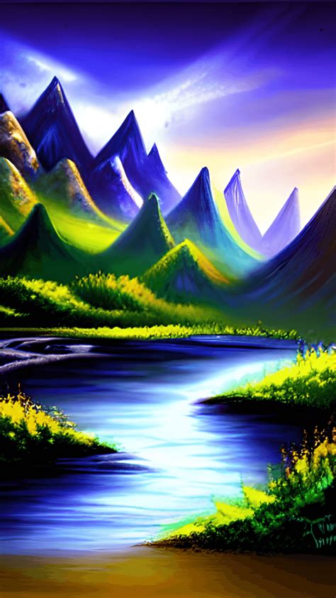 Bob Ross Landscape With Mystical Fairy River And Mountains Creative