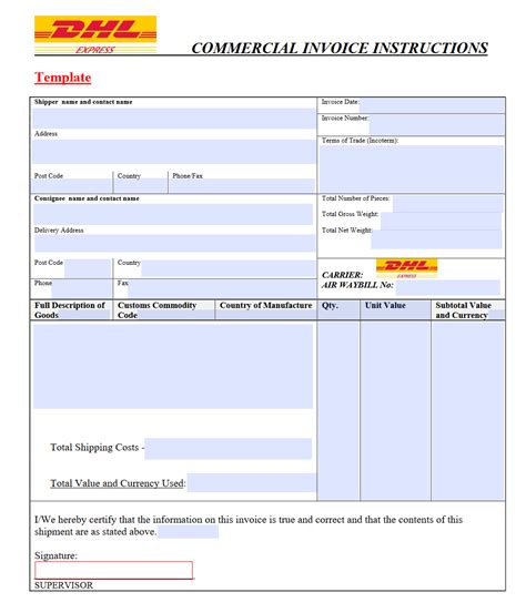 Dhl Commercial Invoice Printable Template Topsisse