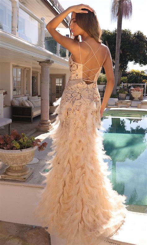 Nox Anabel C1413 Feathered Sheath Prom Dress Couture Candy