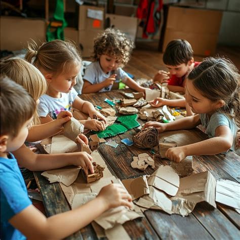 Kids creating Earth Day crafts from recycled materials | Premium AI ...