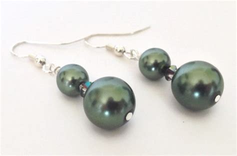 Pearl Dangle Earrings Dark Green Earrings Green by PolishedPlum