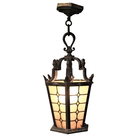 Antique Cast Bronze Outdoor Pendant Light Fixture With Stained Glass