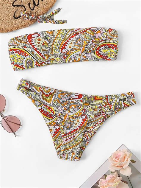 Random Paisley Print Bandeau With Low Rise Bikini SheIn Sheinside