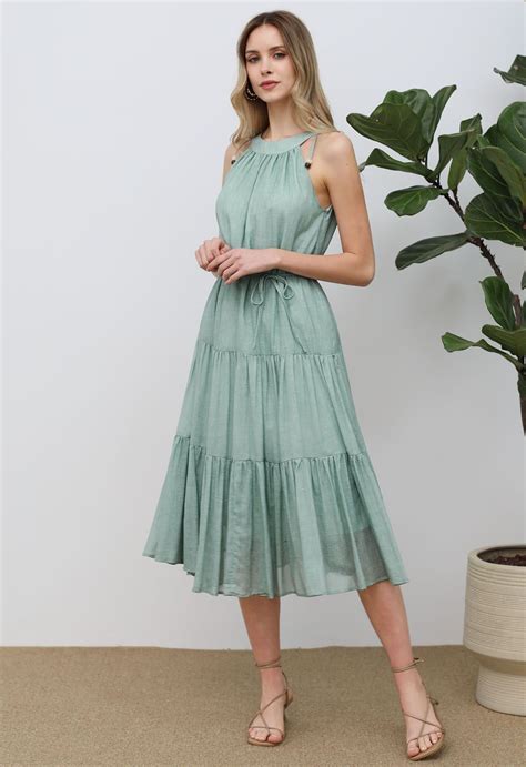 Beaded Tie Neck Halter Dress In Pea Green Retro Indie And Unique Fashion