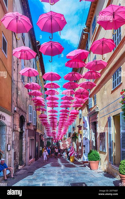 Grasse France August 17 Iconic Pink Umbrellas Decorating The City