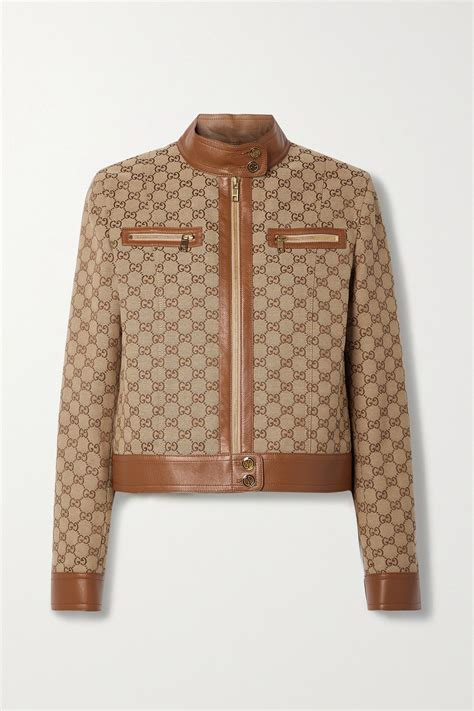 Gucci Aria Leather Trimmed Logo Jacquard Cotton Blend Canvas Jacket Gucci Jacket Gucci