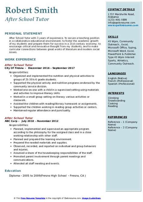 After School Tutor Resume Samples Qwikresume