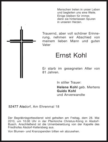 Traueranzeigen Von Ernst Kohl Aachen Gedenkt