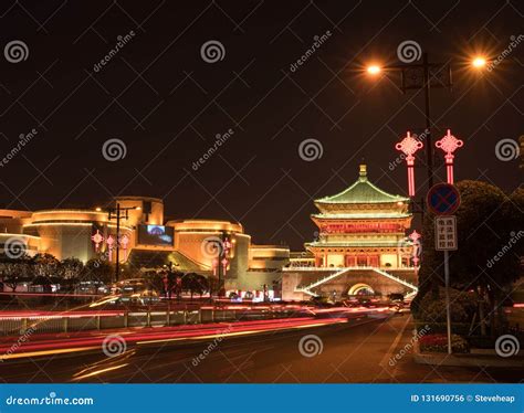 Illuminated Drum Tower In Xian China At Night Editorial Photo Image