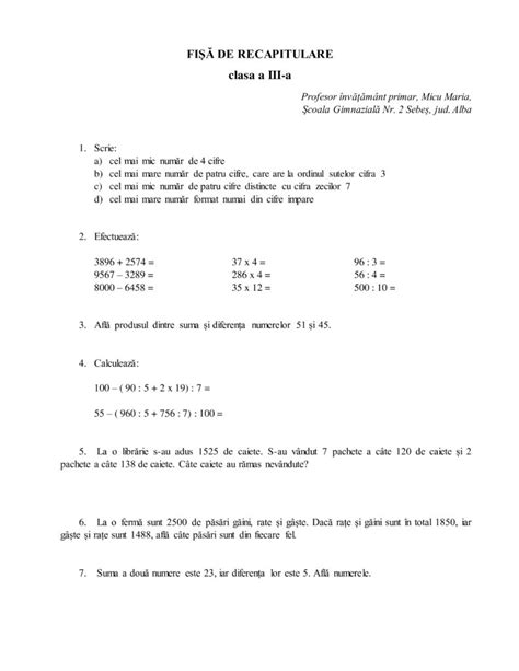 AcademiaABC Fișă de recapitulare Matematică Clasa a III a