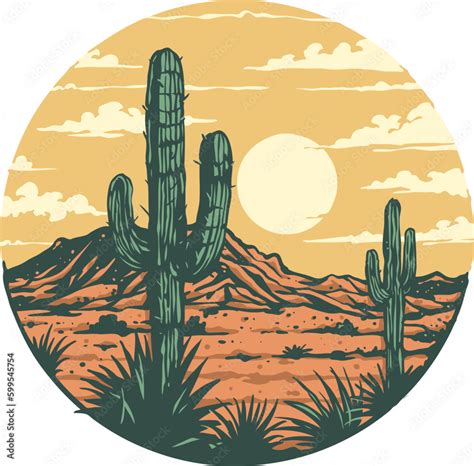 A Graphic Of A Wild West Desert Landscape With A Cactus And Mountains