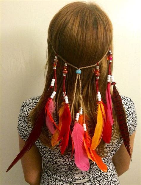 Pink Orange Red Warrior Native American Feather Headband Hippie