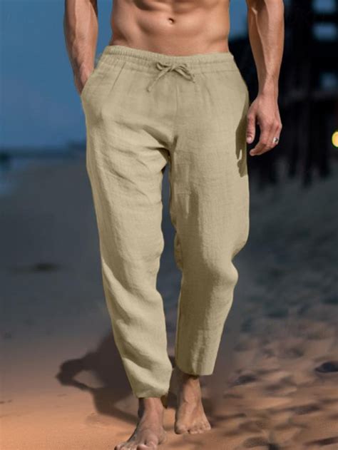 Herren Leinenhose Hose Hosen Arbeitshose Strandhose Tasche Kordelzug