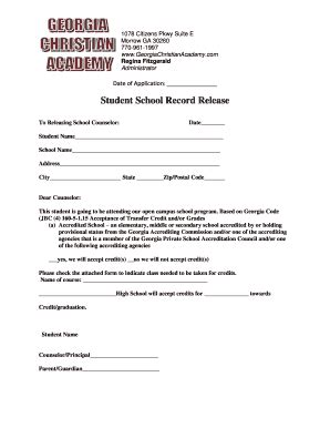 Fillable Online Gca Student School Record Release Fax Email Print