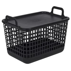 Cesto Organizador Tampa Plástico Preto 13L 23 5x23 5x33 cm Oikos