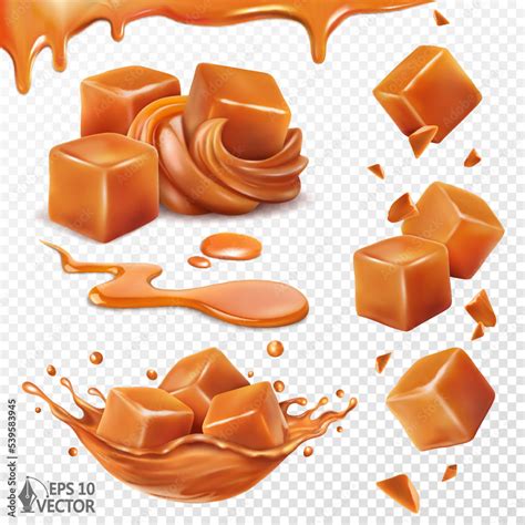 Set With Caramel Cream Slices And Pieces Liquid Caramel Splash Crown Falling Toffee Candies