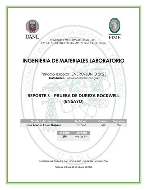 Reporte 3 Prueba DE Dureza Rockwell Ensayo UNIVERSIDAD AUTNOMA