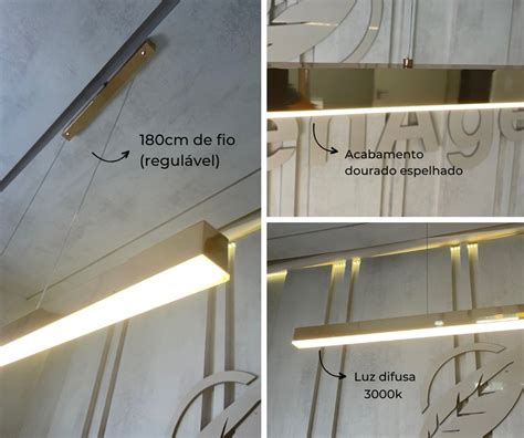 Lustre Pendente Perfil Linear Barra Dourado W Mesa Bancada