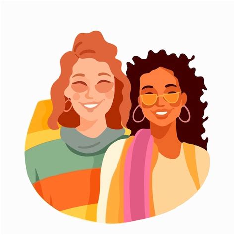 Premium Vector A Portrait Of Lesbian Couple With A Rainbow Flag The