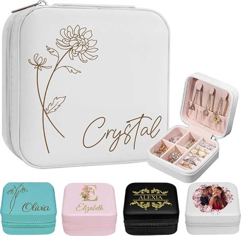 Personalized Travel Jewelry Box Birth Flower For Women Custom Name