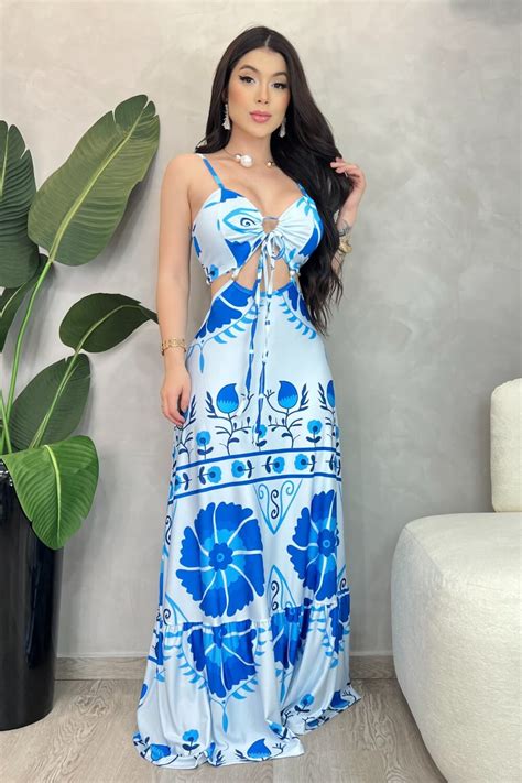 Vestido Longo Azul E Branco - Descubra os mais lindos vestidos femininos na Mira Luxo Modas. Estilos ...