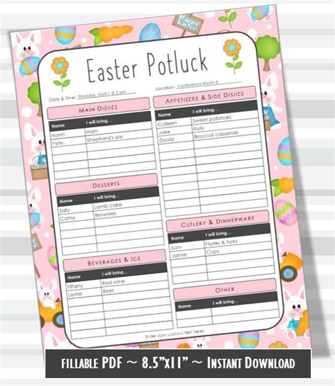 Easter Printable Potluck Sign Up Sheet 85x11 Fillable Pdf Etsy Ireland