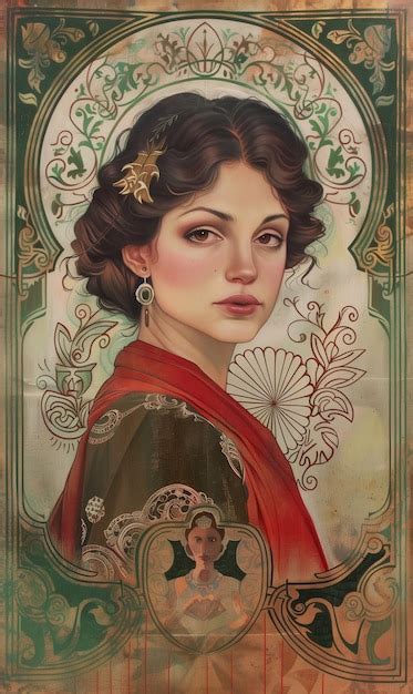 Symmetrical Art Nouveau Painting Of A Woman In The Style Of Alphonse