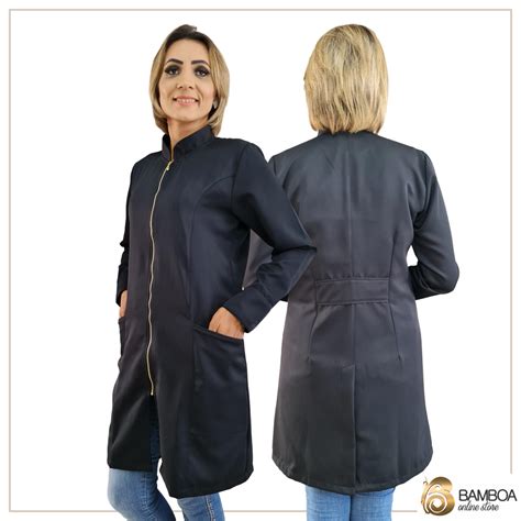 Jaleco Feminino Gabardine Preto Zíper Dourado BAMBOA