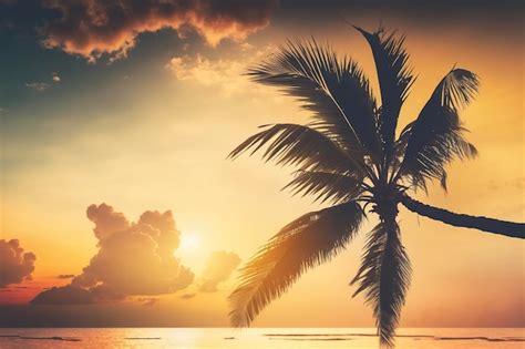 Una Palmera En Una Playa Con Un Atardecer De Fondo Foto Premium