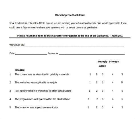 Free Sample Workshop Feedback Forms In Pdf Word Excel