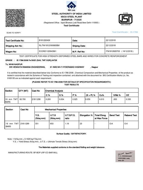 Test Certificate 16mm 1 Mechanical Engineering Building Materials