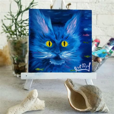 Blue Cat Painting Underwater Original Art Portrait Mini | Etsy