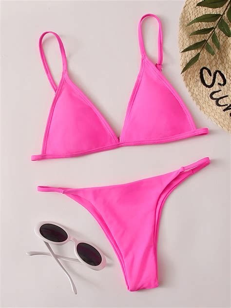 SHEIN Swim Vcay Sets De Bikini Liso Rosa Fucsia Sexy Moda De Mujer