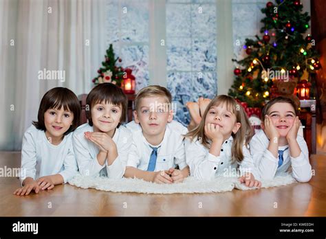 Five Cute Children Brothers Sister Siblings And Friends Having Fun