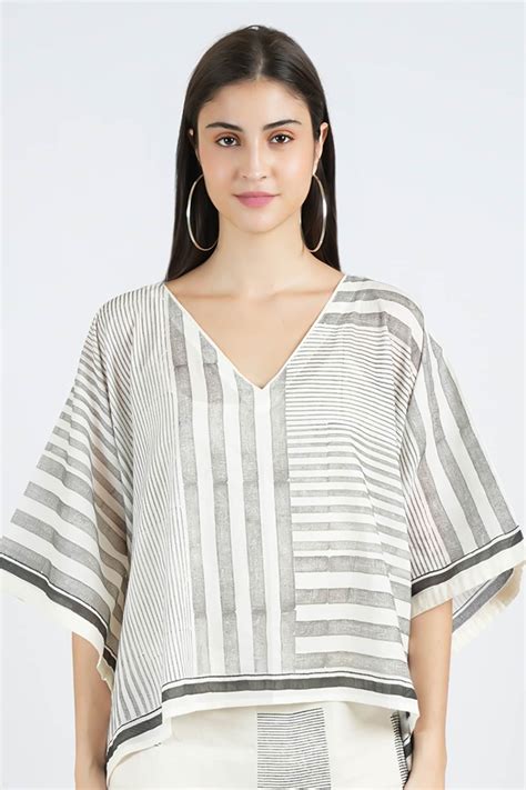 Buy Black Cotton Hand Block Print Stripe V Neck Rhythm Kaftan Top For Women By Banana Labs