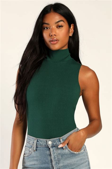 Green Ribbed Bodysuit Sleeveless Bodysuit Mock Neck Bodysuit Lulus