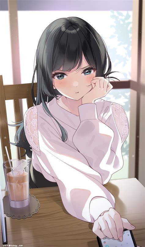 Safebooru 1girl Bangs Black Eyes Black Hair Cellphone Chair Cup