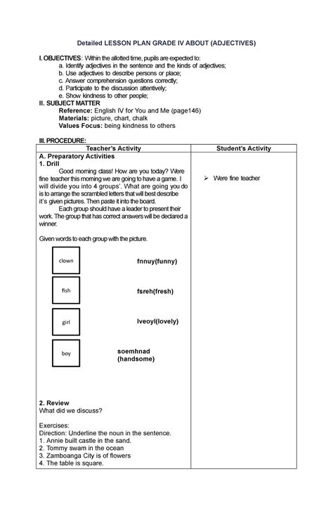 Identifying Adjectives Detailed Lesson Plan Grade Iv About Adjectives I Objectives Within