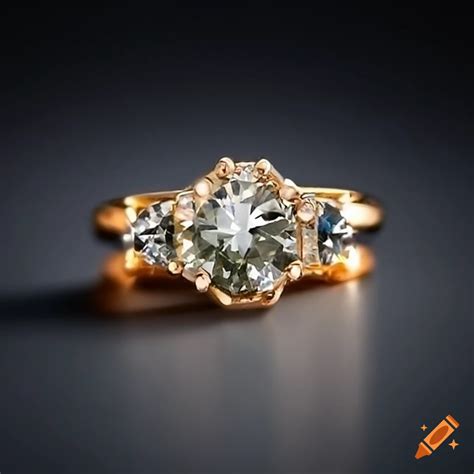 Gold Engagement Ring With Hexagon Diamond And Moss Agate Accent On Craiyon