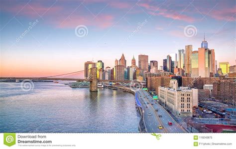 Aerial View Of Manhattan Skyline At Sunset New York City Stock Image